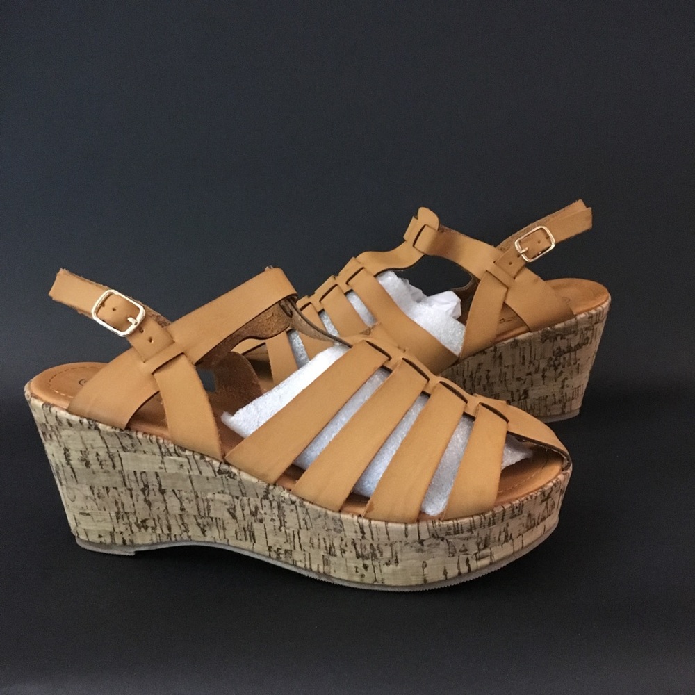 NEVER BEEN WORN! Tan Strappy Cork Wedges